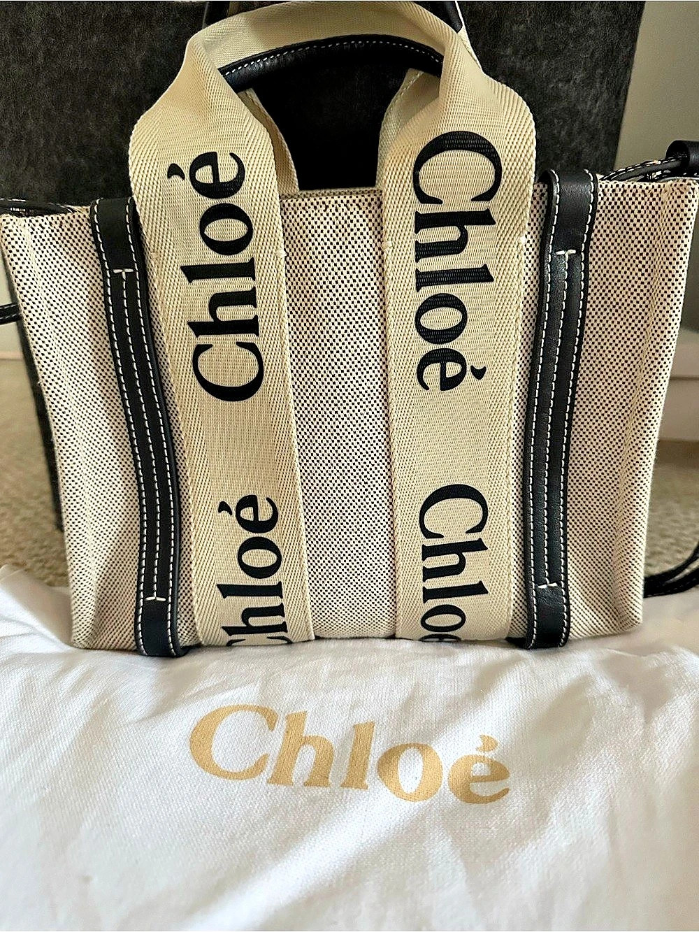 Chloé Small Woody Tote Bag Beige & Black